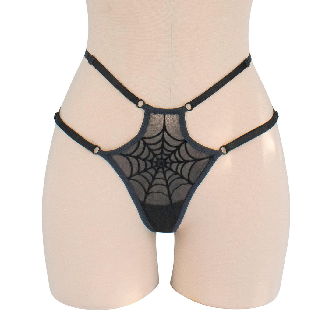 Sheer mesh strappy thong with black velvet spiderweb appliqué