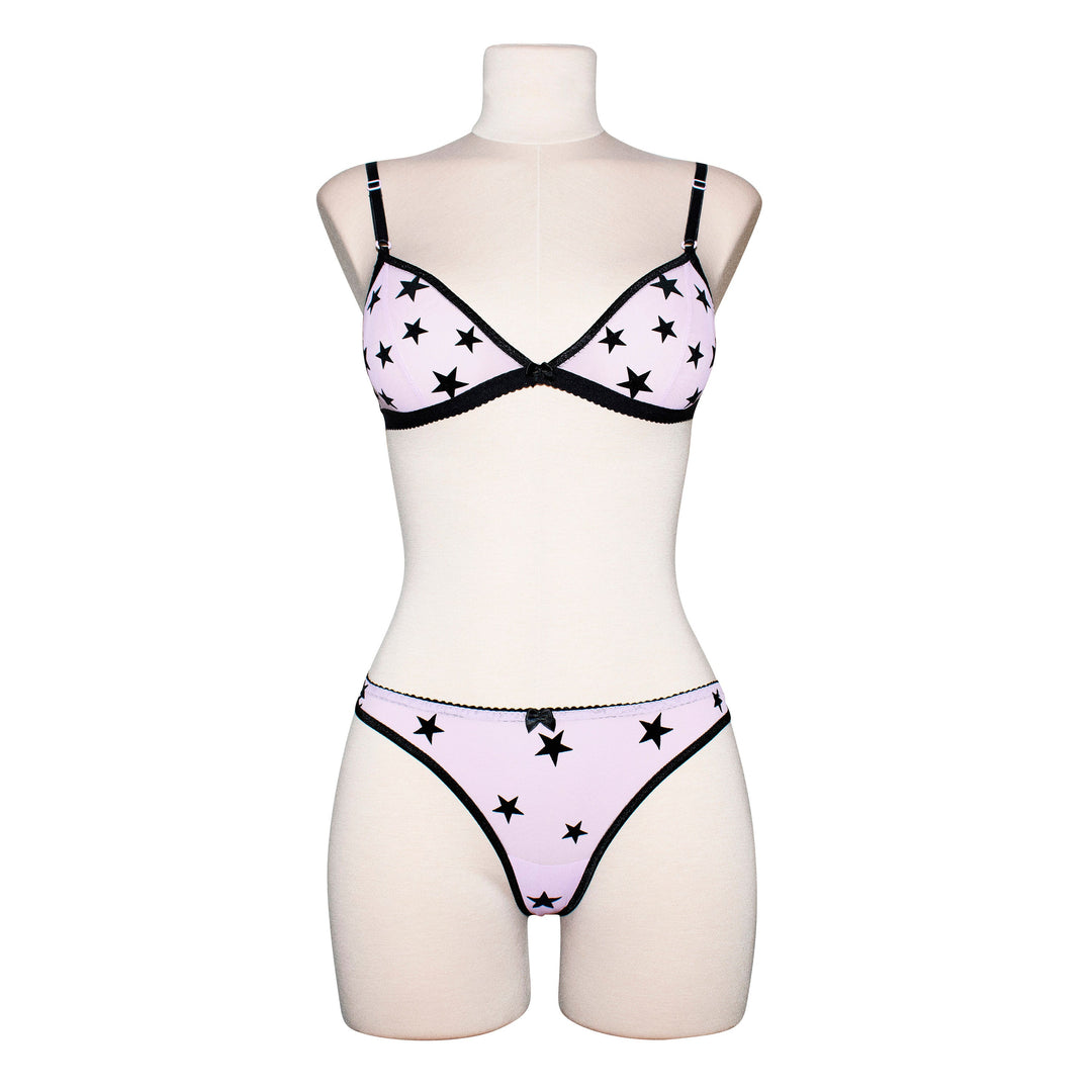 Sheer lilac mesh thong with black velvet star appliqué