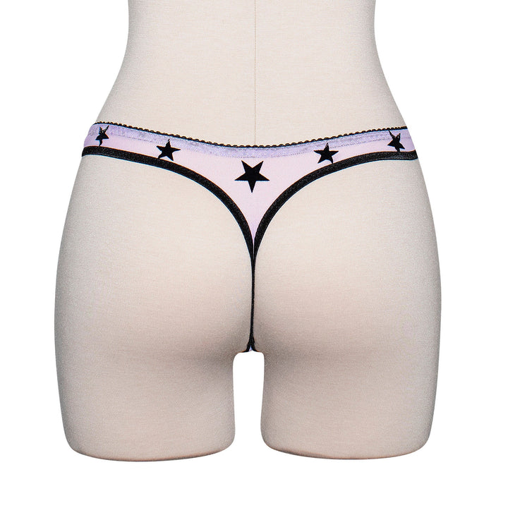 Sheer lilac mesh thong with black velvet star appliqué