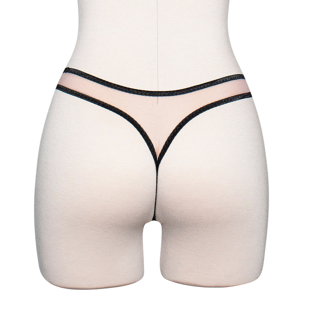 Peach sheer mesh thong with black velvet bow applique