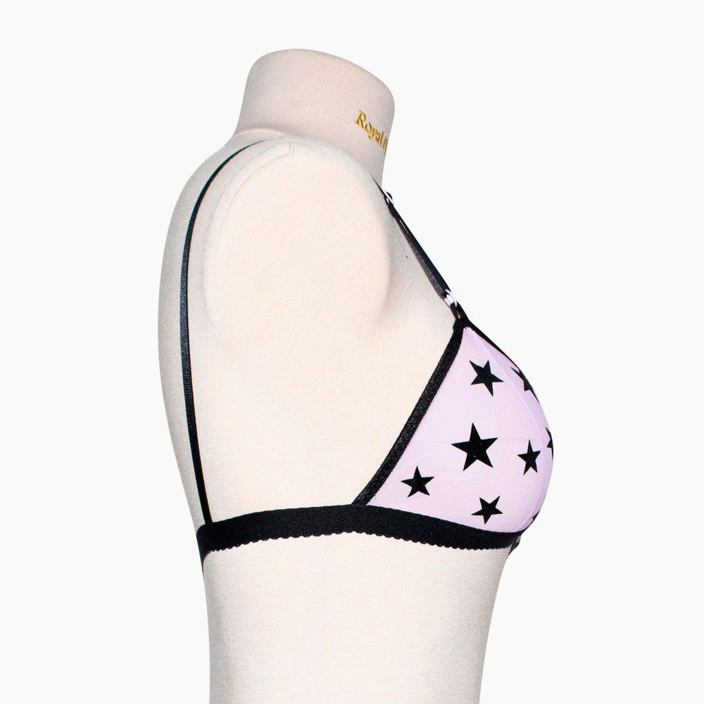 Lilac Star Bralette with Black Velvet Star Appliqué