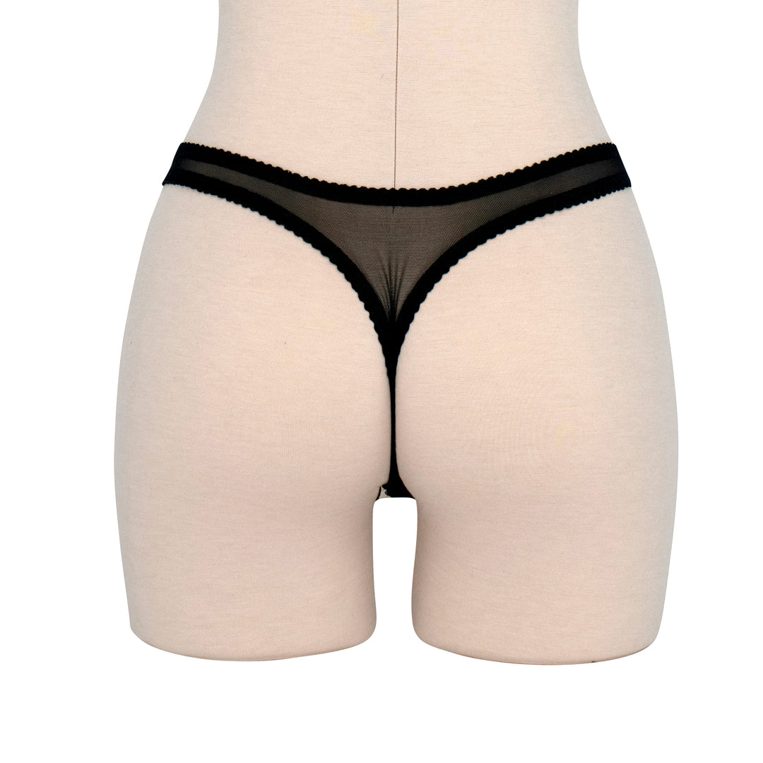 Spiderweb Thong - Sheer Nude Mesh with Black Velvet Applique