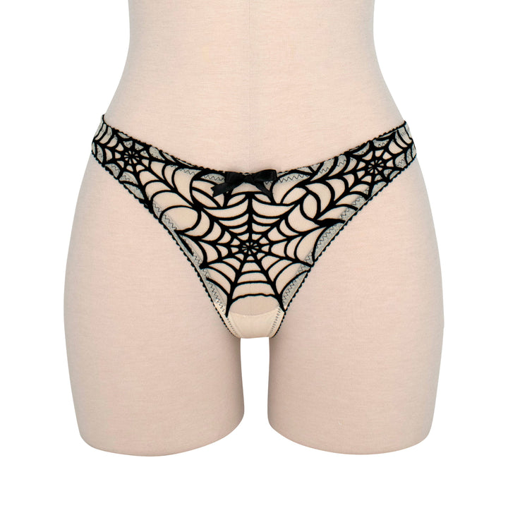 Spiderweb Thong - Sheer Nude Mesh with Black Velvet Applique