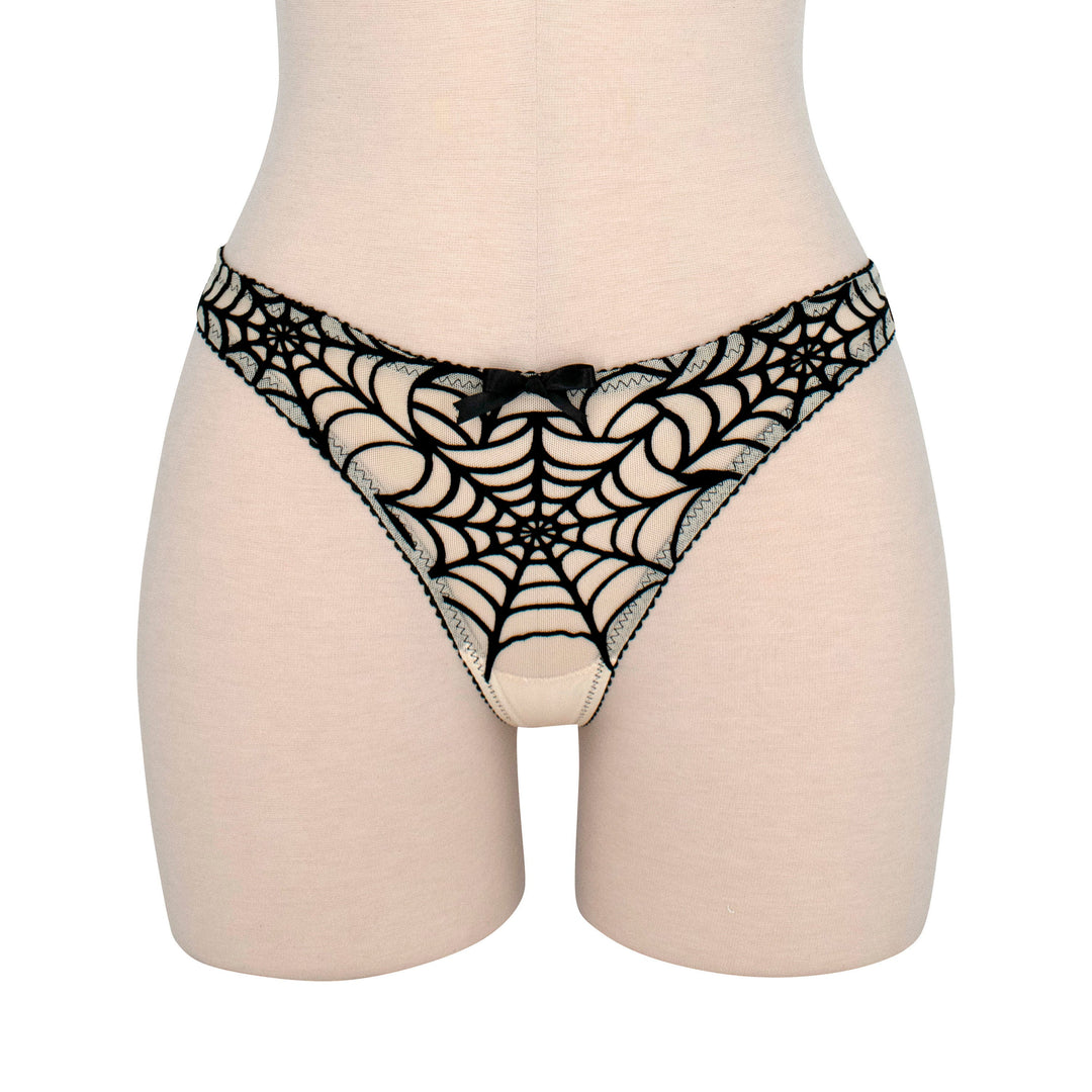 Spiderweb Thong - Sheer Nude Mesh with Black Velvet Applique