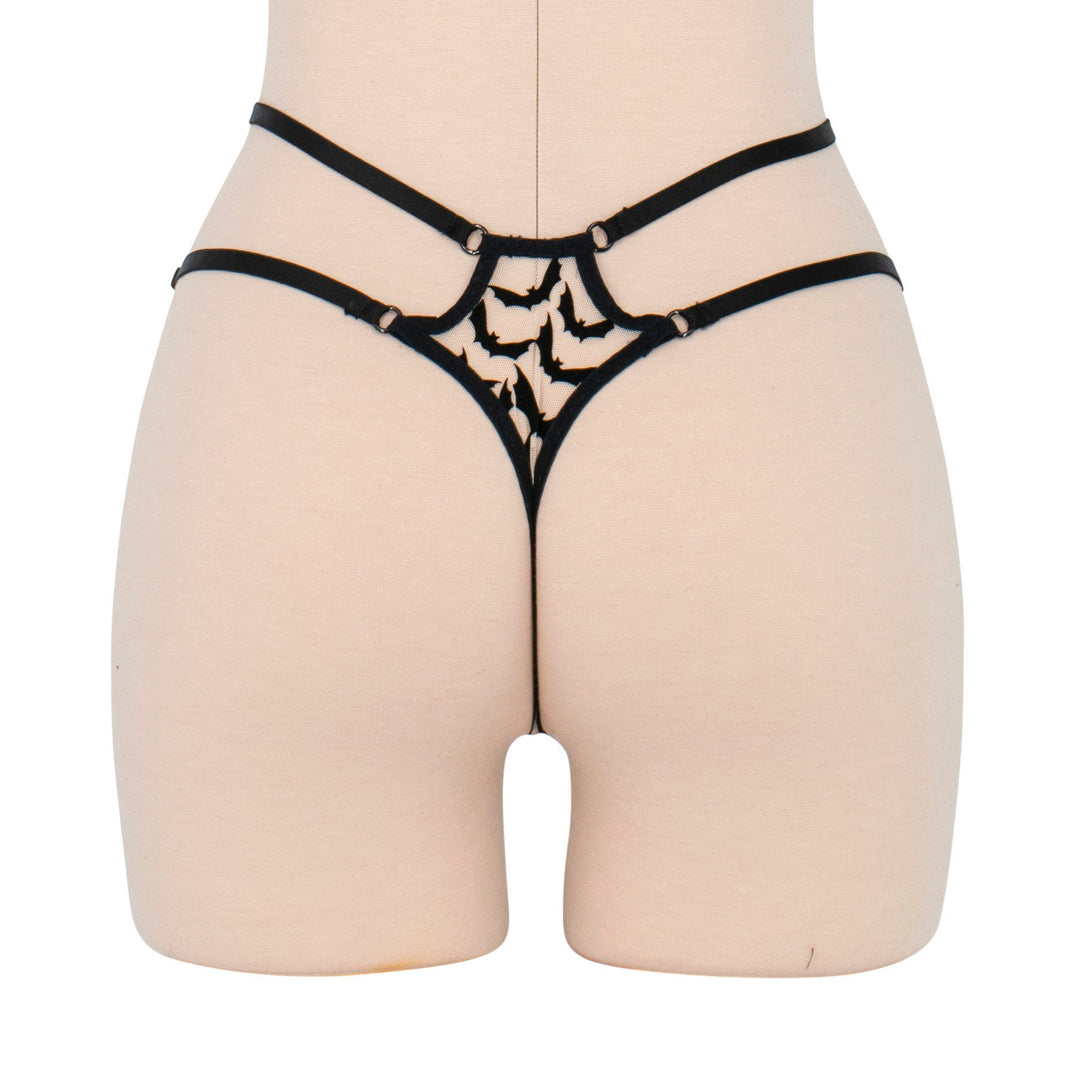 Sheer mesh strappy thong with black velvet bat appliqué