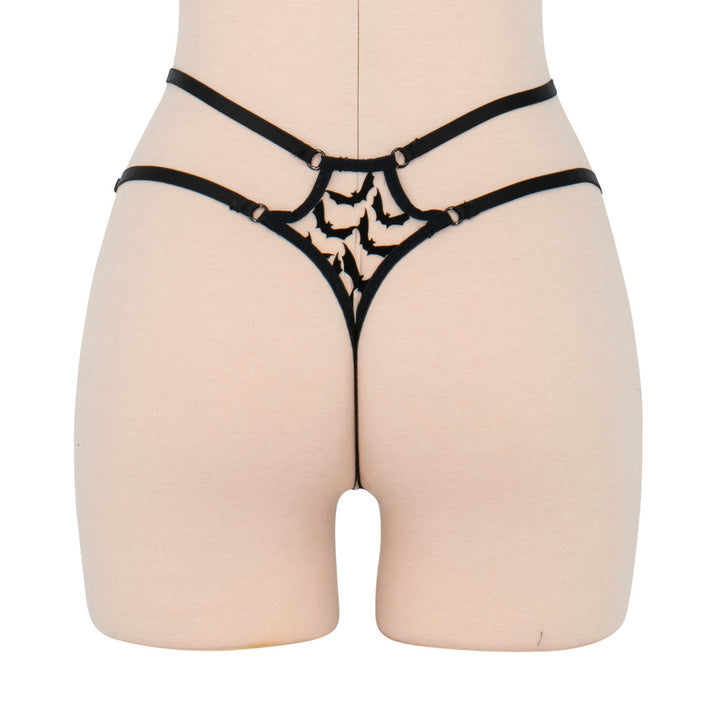 Sheer mesh strappy thong with black velvet bat appliqué