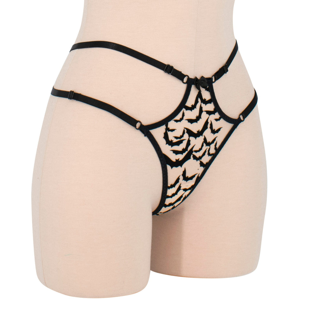 Sheer mesh strappy thong with black velvet bat appliqué