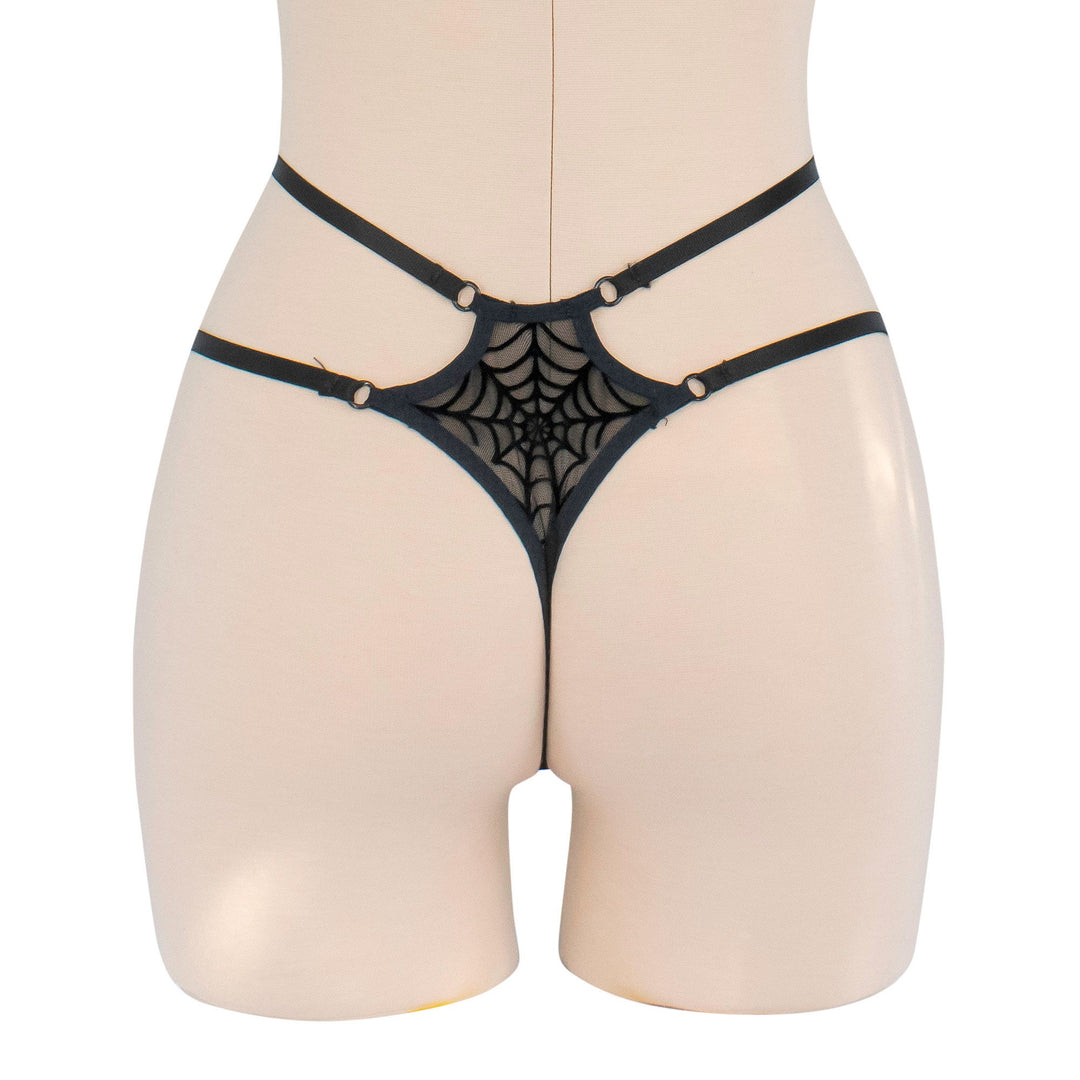 Sheer mesh strappy thong with black velvet spiderweb appliqué