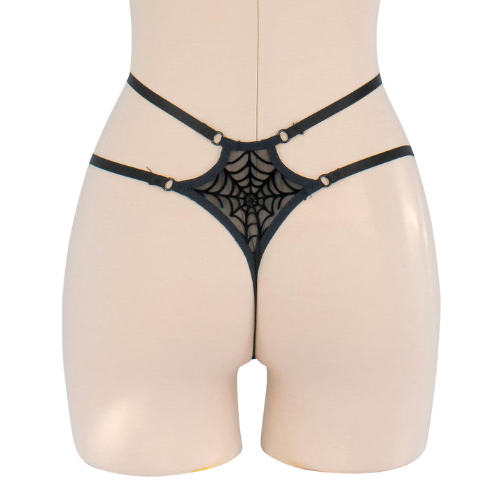 Sheer mesh strappy thong with black velvet spiderweb appliqué