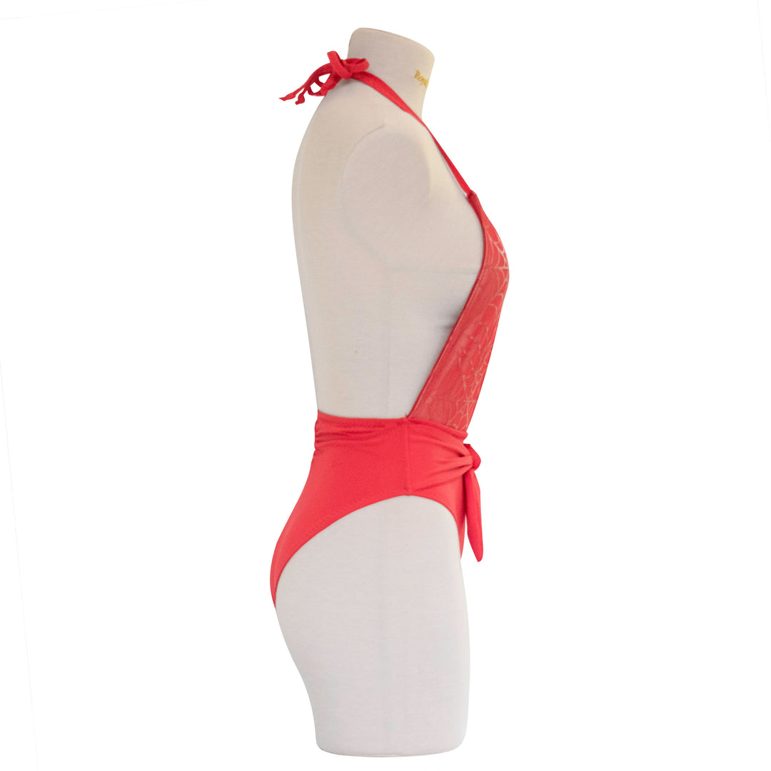 Red Spiderweb High Leg Plunge Neckline One Piece Swimsuit