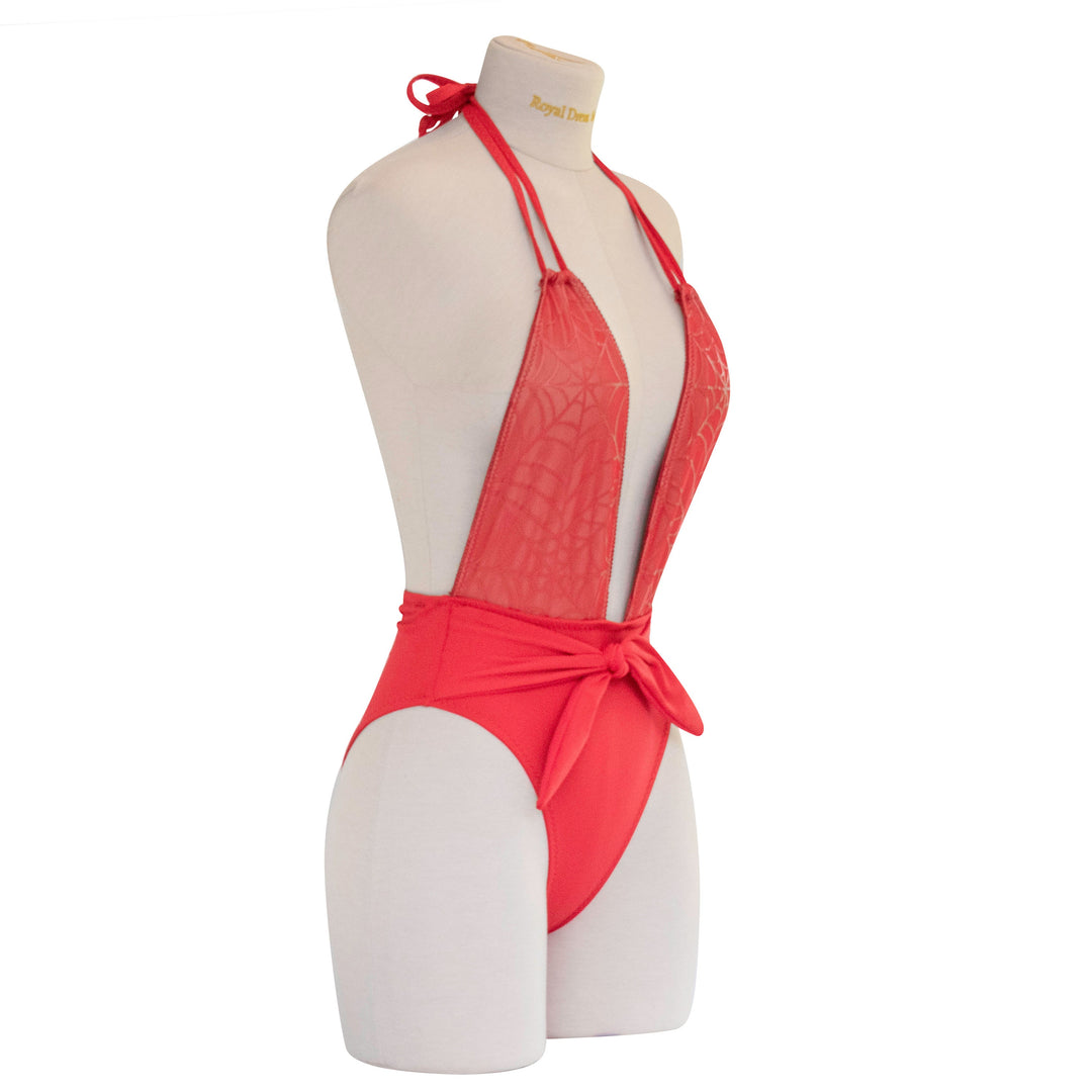 Red Spiderweb High Leg Plunge Neckline One Piece Swimsuit