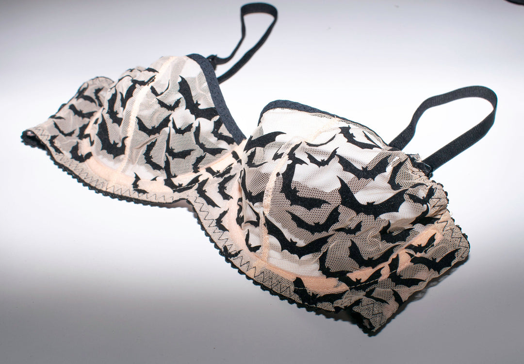 Bat Underwire Bra - Sheer Nude Mesh with Black Velvet Applique