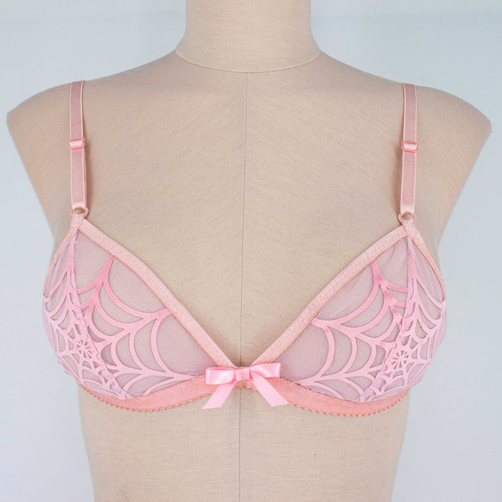 Peachy Pink Sheer mesh bralette with  velvet spiderweb appliqué