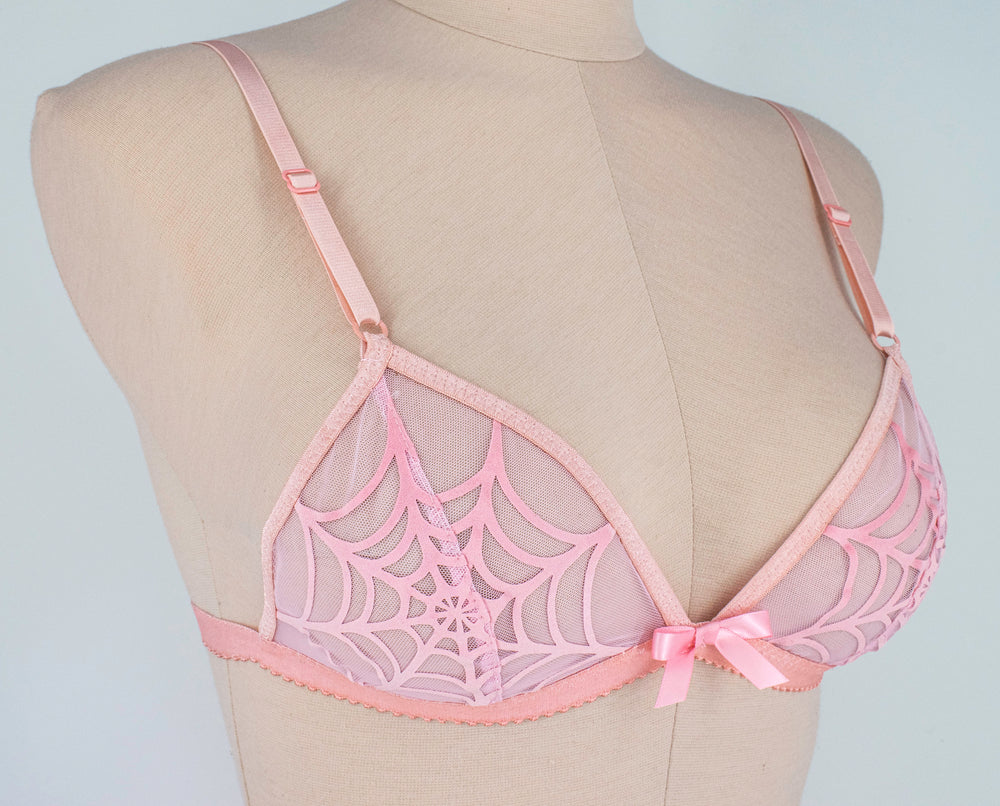 Peachy Pink Sheer mesh bralette with  velvet spiderweb appliqué