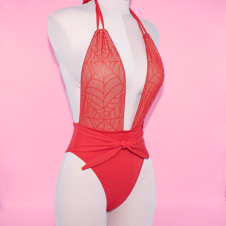 Red Spiderweb High Leg Plunge Neckline One Piece Swimsuit