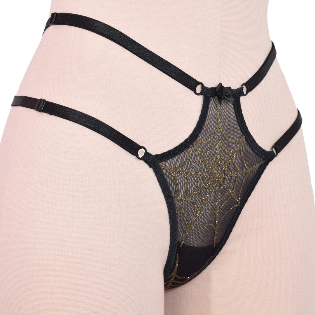 Black and Gold Glitter Spiderweb Strappy Panty